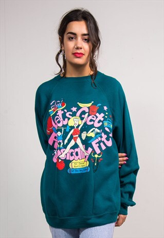 VINTAGE 80'S TURQUOISE FITNESS SPORTS SWEATER TOP