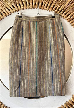 1990's vintage tan with multicolor pin stripe linen skirt