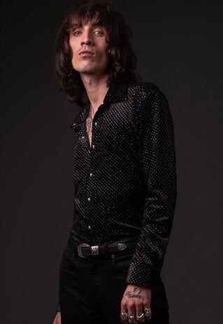 MENS BLACK/SILVER GLITTER POLKADOT VELVET SKULL BUTTON SHIRT