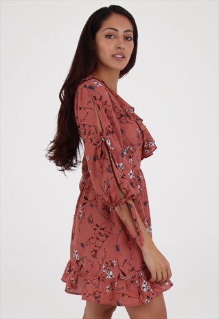 FLORAL TIE SLEEVE DETAIL FRILL TEA DRESS