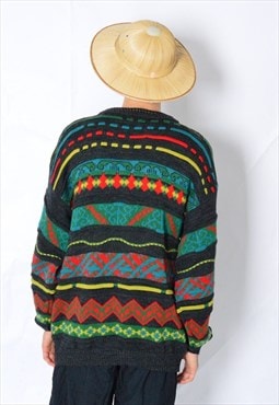 Vintage 90s Colourful Ornamental Striped Wool Blend Jumper