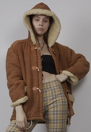 VINTAGE 80'S HOODED TAN FAUX SHEARLING DUFFLE JACKET