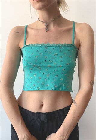 VINTAGE 00'S Y2K SUMMER FLORAL TURQUOISE PASTEL CROP TOP