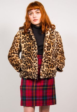 VINTAGE 90'S LEOPARD PRINT FAUX FUR HOODED COAT