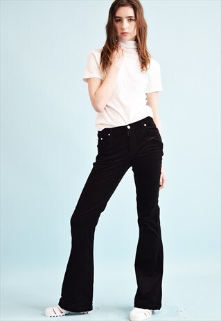 90'S RETRO CORDUROY BLACK LOW WAIST FLARE TROUSERS