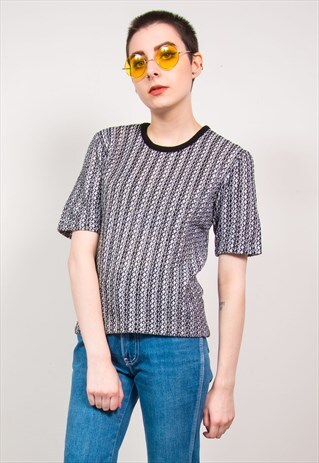 VINTAGE 70'S BLACK & WHITE STITCHED STRIPE GLITTER KNIT TOP