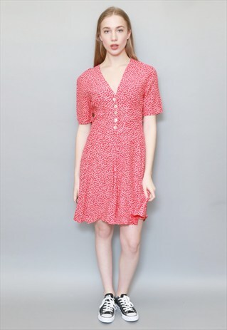VINTAGE 1990'S RED AND WHITE FLORAL PRINT MINI DRESS