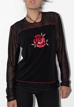 Y2k Sequined Rose Black Mesh Long Sleeves Tshirt 