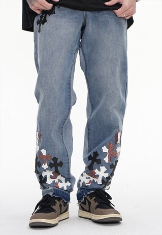 Cross patch jeans distressed grunge religion denim pants 