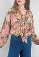 70'S VINTAGE FLORAL SHEER LONG SLEEVE PINK PUSSY BOW BLOUSE