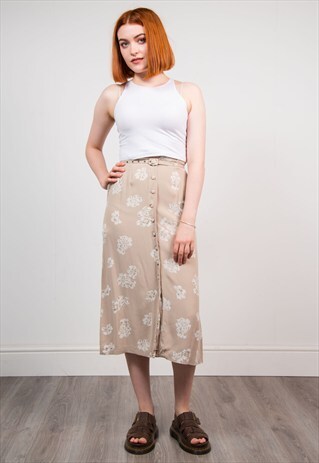 VINTAGE BEIGE FLORAL BUTTON DOWN BELTED MIDI SKIRT