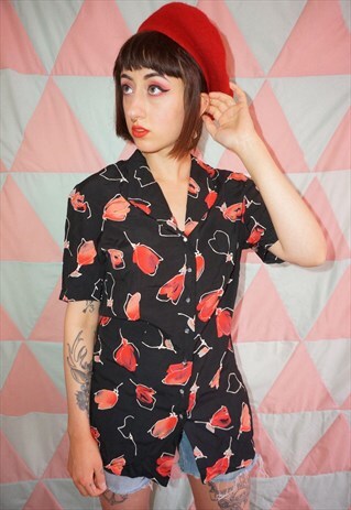 VINTAGE 90S BLACK / RED FLORAL PRINT LONG LINE BLOUSE