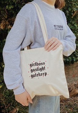 embroidered 'girlboss, gaslight, gatekeep' canvas tote bag