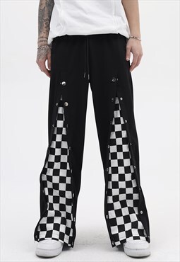 Button up pants wide check pattern flare joggers in black