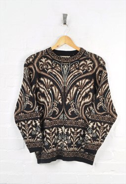 Vintage Knitted Jumper 80s Pattern Black/Brown Ladies Medium