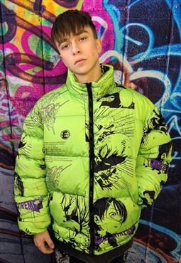 Anime bomber jacket Naruto graffiti puffer fluorescent green