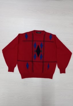 90s Vintage Pringle Argyle Knit Wool Jumper Red