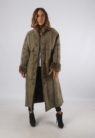 VINTAGE SHEEPSKIN SUEDE SHEARLING COAT LONG UK L 14 (93W)