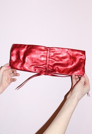 VINTAGE 90S REAL LEATHER DKNY RED METALLIC CLUTCH/PURSE BAG