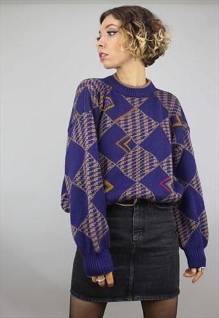 VINTAGE 80S 90S OVERSIZED PATTERNED KNIT JUMPER