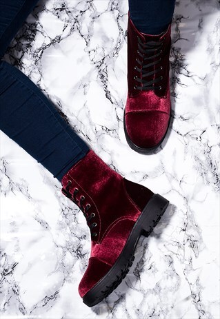 MOSH LACE UP CLEATED SOLE FLAT ANKLE BOOTS SHOES - BORDEAUX