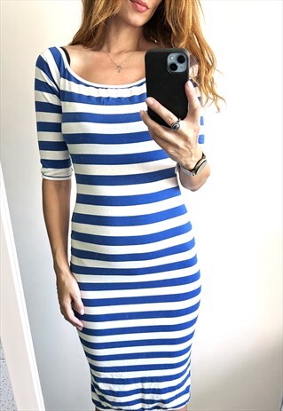 BLUE WHITE STRIPED TIGHT MAXI COTTON DRESS S