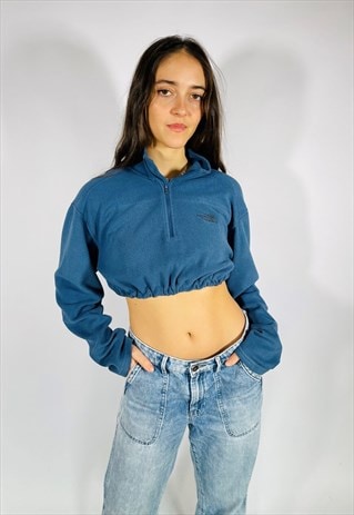 VINTAGE SIZE L NORTH FACE REWORK CROP SWEATSHIRT IN BLUE