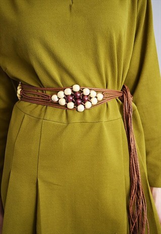 90'S BOHO HIPPIE FAUX LEATHER & WOODEN BEADS FRINGED BELT