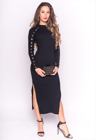 BLACK RIBBED BODYCON MIDI DRESS WITH LONG SLEEVES