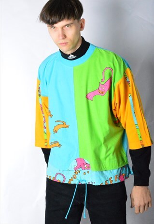 VINTAGE 80S COLOURFUL CAT 3/4 SLEEVE T-SHIRT