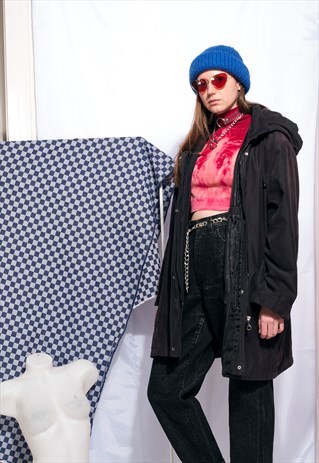 VINTAGE PARKA COAT 90S FADED BLACK HOODED WINDBREAKER JACKET