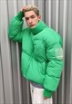 HIGH NECK CROPPED BOMBER QUILTED ROLL PUFFER JACKET IN GREEN