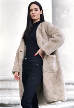 Longline Collarless Faux Fur Coat