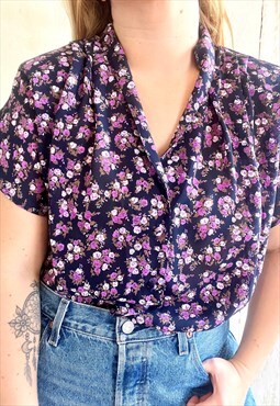 Vintage Plus Size Purple Floral Short Sleeved 80's Blouse