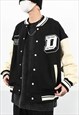 BLACK EMBROIDERED OVERSIZED BASEBALL VARSITY JACKET 