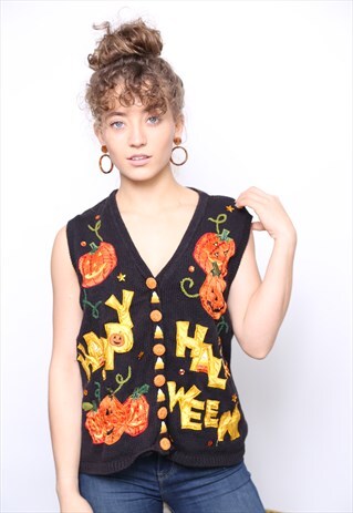 VINTAGE 90S HALLOWEEN PUMPKIN JUMPER WAISTCOAT