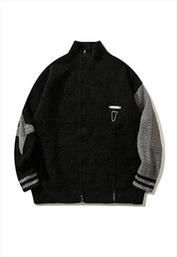 Fleece track jacket fluffy jumper varsity zip up top black