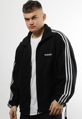 VINTAGE ADIDAS BLACK FULL ZIP FLEECE WITH WHITE SPELL OUT
