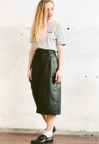 VINTAGE 90S BLACK LEATHER MIDI SKIRT