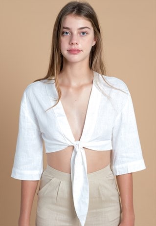 PEEKABOO LINEN TIE CROP TOP
