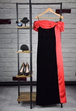 80s Vintage Glitz & Glam Black & Red Velvet Bow Panel Dress