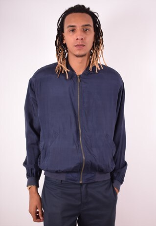 MENS VINTAGE SILK BOMBER JACKET MEDIUM NAVY BLUE 90S