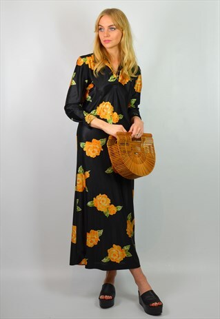 VINTAGE 70S BLACK & ORANGE FLORAL PRINT BOHO MAXI DRESS