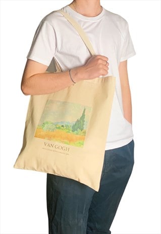 VAN GOGH WHEAT FIELD WITH CYPRESSES TOTE BAG WITH TITLE