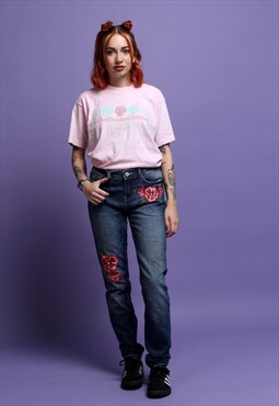Y2K Embroidered Flower Blue Denim Jeans