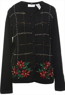 Vintage Embroidered Black Christmas Cardigan - XL