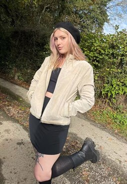 Vintage 90s Y2K Suede Faux Fur Trim Cream Coat