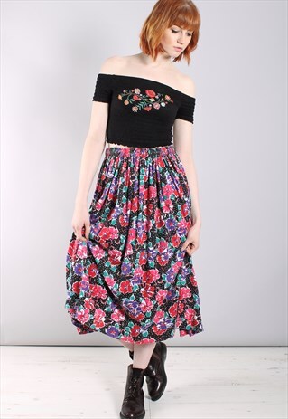 VINTAGE 80S FLORAL STRETCH MIDI SKIRT