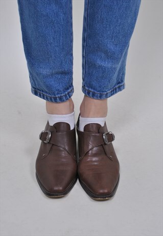 80S BROWN LEAHTER SHOES, VINTAGE LOW HEEL MARY JANE SHOES