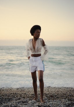 White Linen Shorts with Ruffles